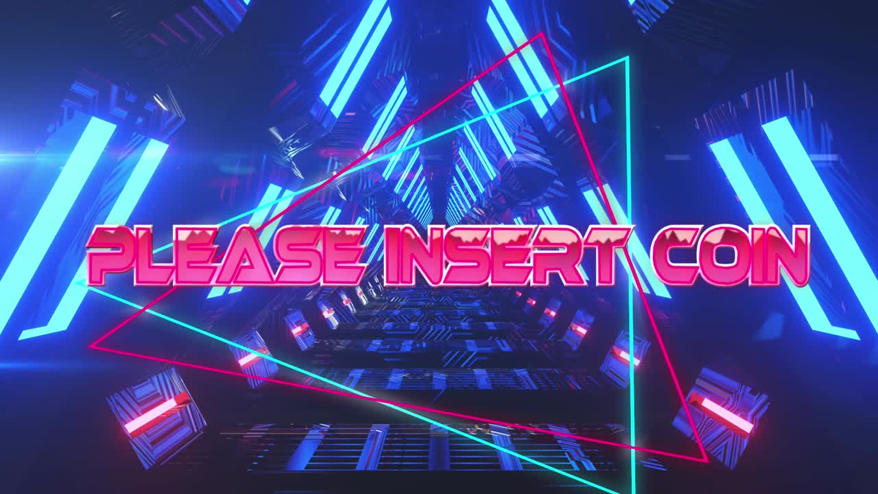 animación de por favor inserte el texto de la moneda sobre el túnel digital en movimiento
