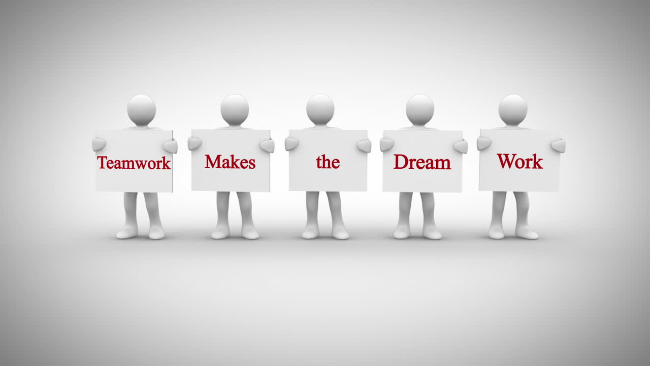 팀워크가 꿈을 실현시킨다고 말하는 표지판을 보여주는 색 문자