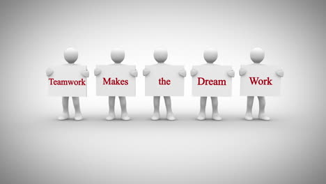 white characters showing signs saying teamwork makes the dream work