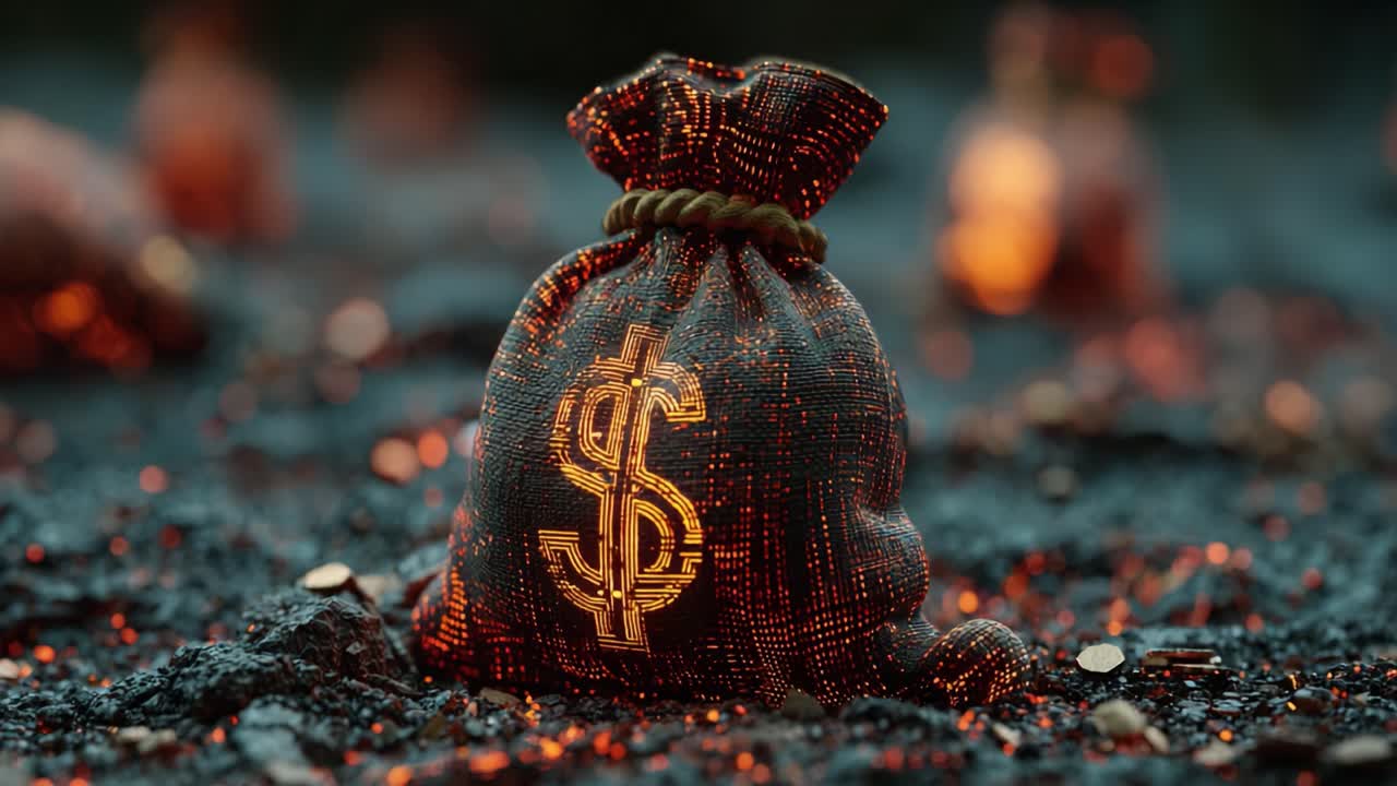 A Striking Visual Representation of Wealth: A Glittering Money Bag Set Against a Mysterious Background, Symbolizing Prosperity and Financial Opportunities