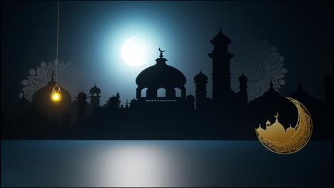 4k eid mubarak diseño islámico colgando linterna de vela de ramadán y mezquita, animación de fondo abstracta. eid muborak concepto de diseño islámico con ramadán. celebración religiosa de la fiesta musulmana asiática