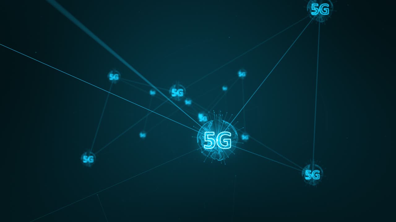 Motion graphic of Blue digital 5G icon and futuritic earth sphere network connection abstract background concept camera zoom out seamless loop video