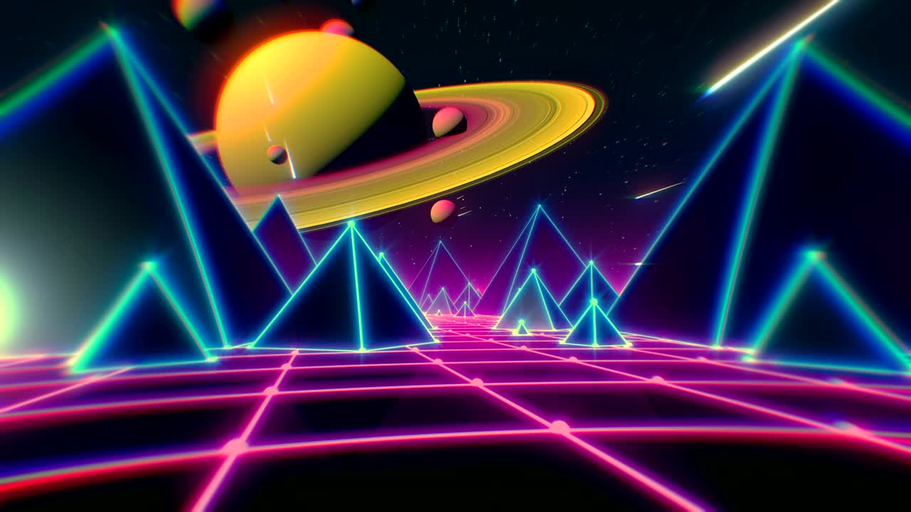 vuelo retro futurista sobre la cuadrícula, fondo sin costuras de la fantasía retro de los años ochenta.