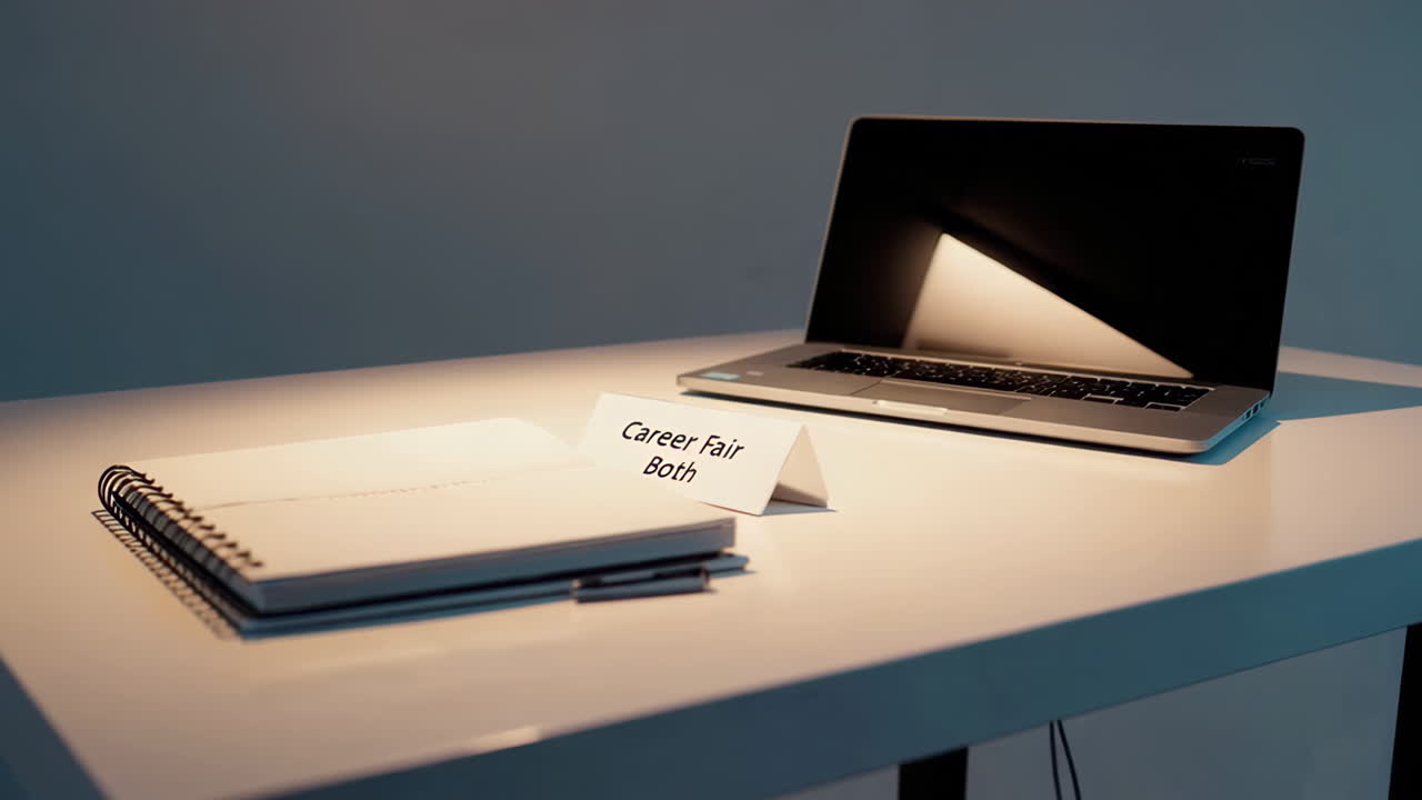 Career Fair Setup with Laptop and Notebook