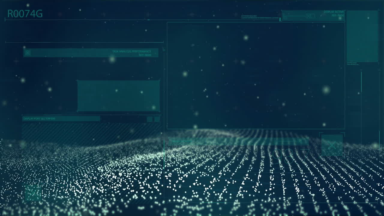 Digital data points forming grid animation over futuristic interface background