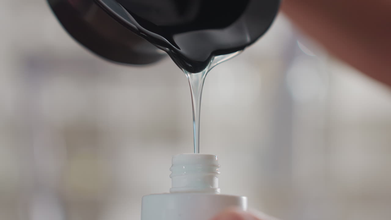 선명한 사진 속 클로즈업 장면: 투명한 현상액을 병에 붓고, 백인 스타일리스트가 부드러운 스튜디오 조명 아래에서 천천히 떨어지는 액체를 측정하며 안정된 손길을 유지합니다. 전문적인 살롱 카운터와 보이는 라벨, 정밀한 기술이 돋보입니다.