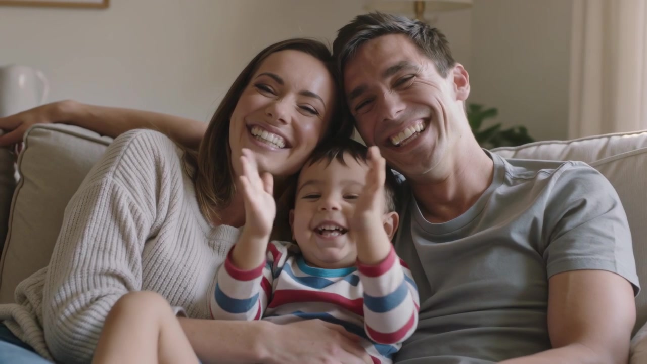 Criança pequena com blusa listrada levantando as mãos e batendo palmas no sofá em casa, pais rindo, em um momento de união.
