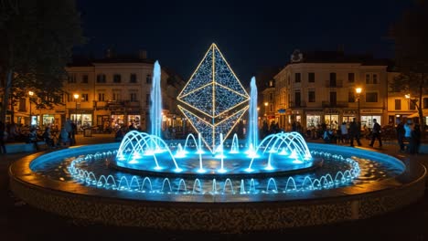 enchanting nighttime fountain display featuring a brilliantly illuminated geometric structure surrounded by a vibrant atmosphere of colorful lighting and water features