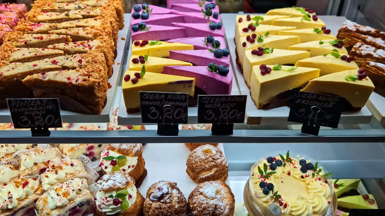 Assortment of various colorful cakes and pastries displayed for sale in a glass case at a cafe or bakery in Latvia - trucking left