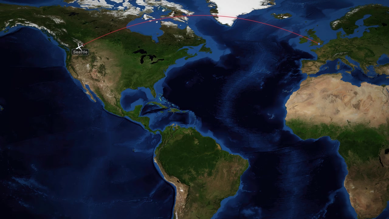 Percorso di volo animato da Londra a Seattle su una mappa del mondo