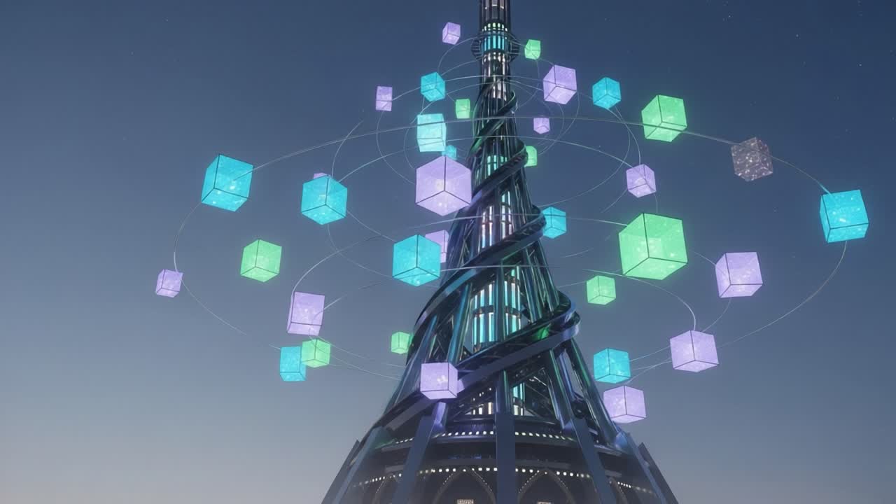 A Stunning Tower Surrounded by Floating Geometric Cubes in a Twilight Sky, Merging Technology and Artistry in a Captivating Visual Display
