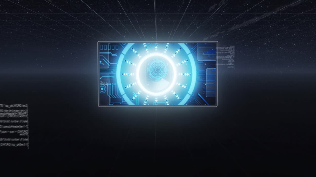 검은 바탕 위의 화면에 회로판을 가진 데이터 처리 및 범위 스캐닝의 애니메이션