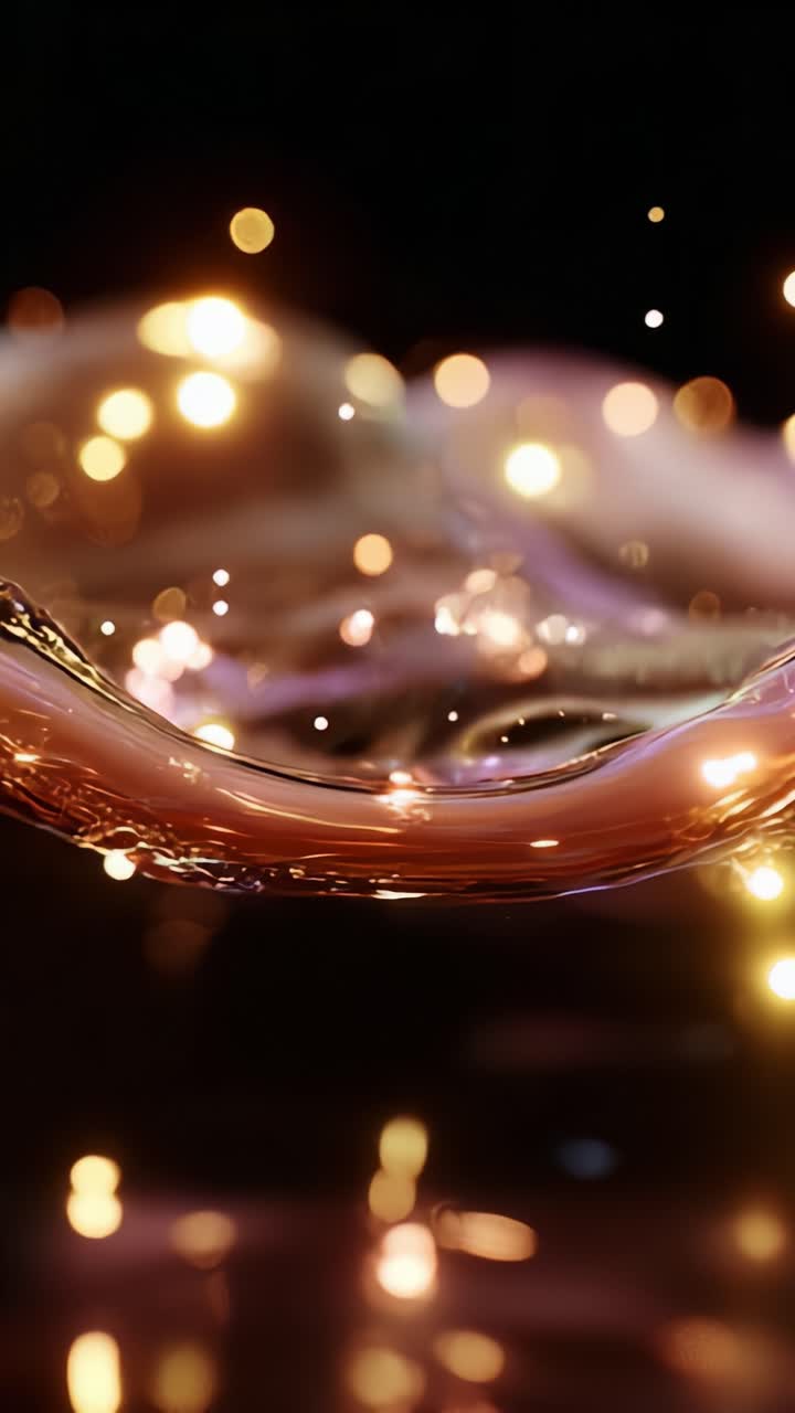 Glistening droplets of liquid shimmer against a blurred backdrop of sparkling lights, creating an ethereal atmosphere that captivates the viewer's imagination