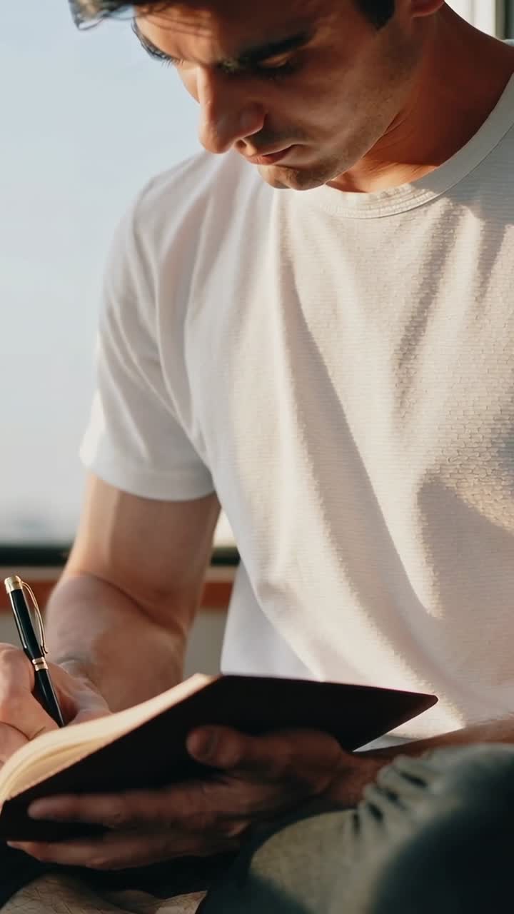 Vertical video: Producing pen, man in white tee writing in journal by large window, journaling