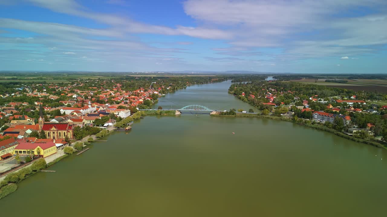Panoramic aerial view of Ráckeve and Árpád Bridge on the banks of the Danube in Hungary on a sunny autumn day