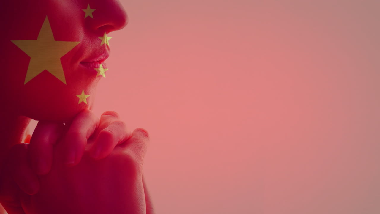 Animation of person with Chinese flag overlay on red background