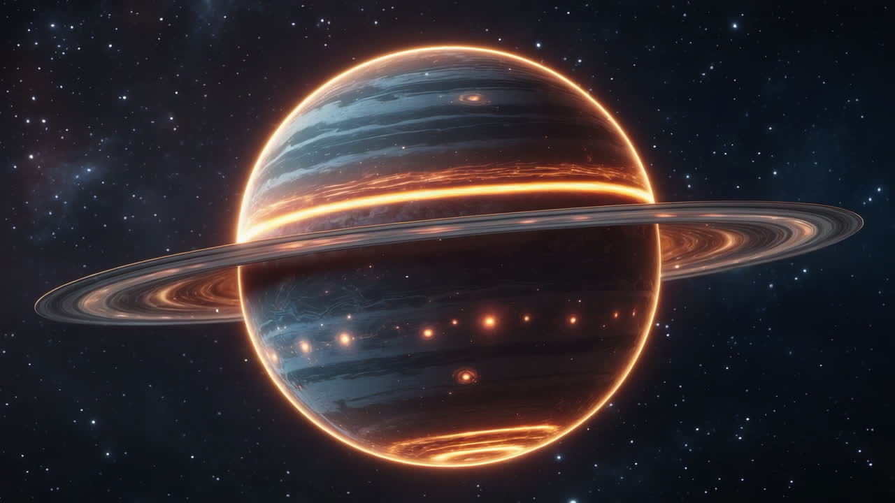 Stylized Ringed Planet with Glowing Features in Space