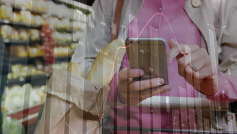 animation of financial data processing and caucasian woman with smartphone shopping in grocery store