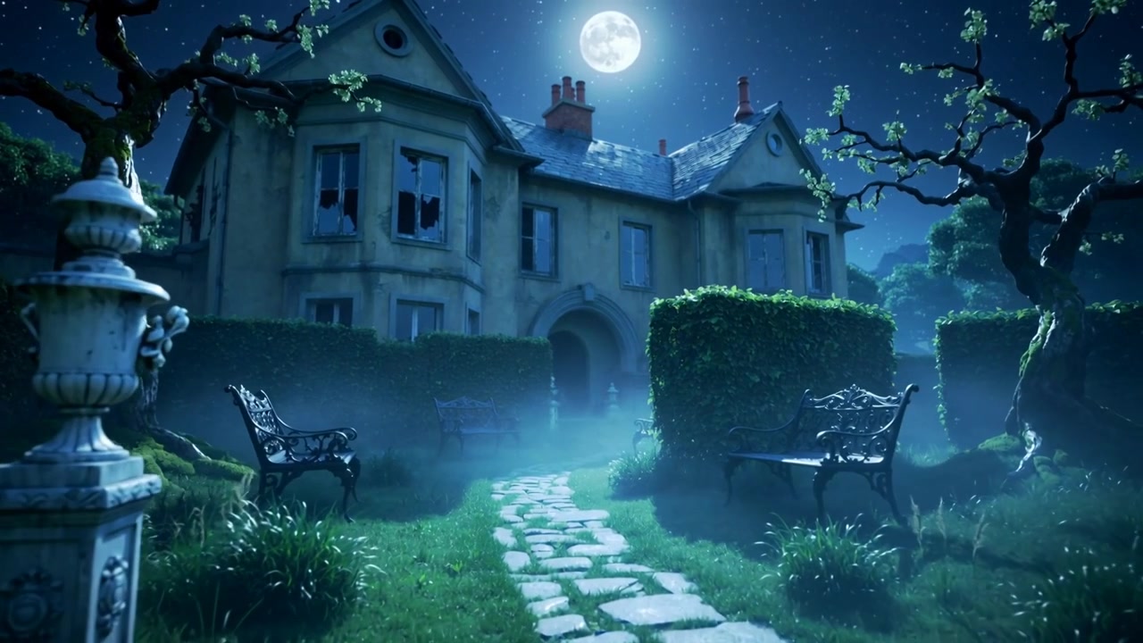 Telecamera che avanza e ingrandisce su un sentiero lastricato di una villa illuminata dalla luna, rivelando un ingresso ad arco.