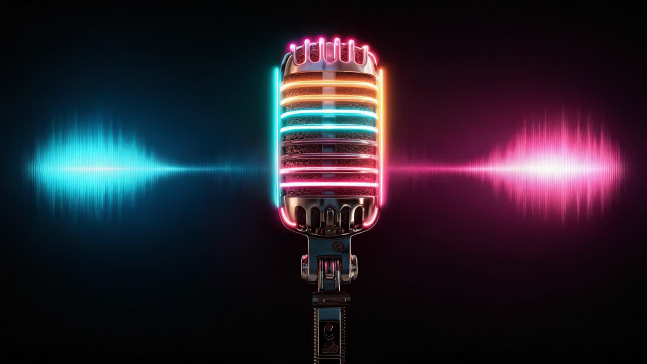 Un vivace microfono retrò che cattura le onde sonore in una visualizzazione colorata con elementi visivi dinamici che rappresentano vibrazioni audio ed espressioni musicali