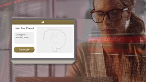 animación de ai texto y procesamiento de datos y mujer caucásica usando portátil.