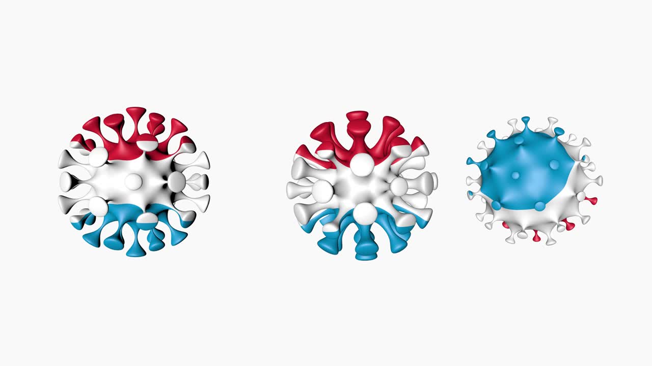 animación 3d coronavirus 2019-ncov gran ducado de luxemburgo. bandera de luxemburgo en las esferas de bola de virus covid-19, en fondo blanco. canal alfa