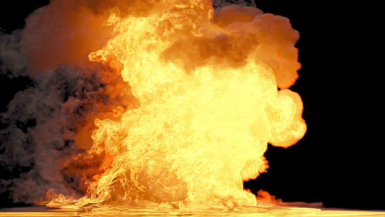 Strong fire of burning fuel with thick smoke. Realistic transition of fire explosion with alpha. Fire with smoke on an isolated background with alpha channel, fuel explosion.