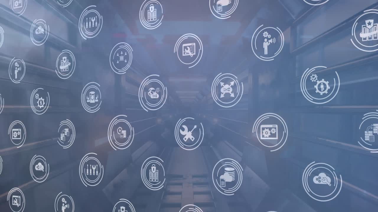 Animation of multiple digital icons against neon tunnel in seamless pattern