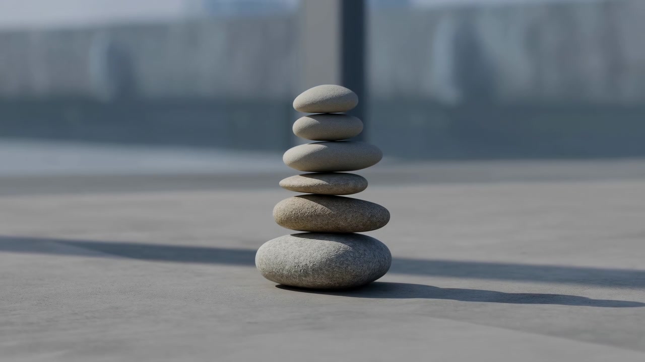 Pila equilibrada de seis piedras de río grises y lisas colocadas ligeramente a la izquierda del centro sobre un suelo de hormigón plano en un espacio interior minimalista. Luz natural suave.