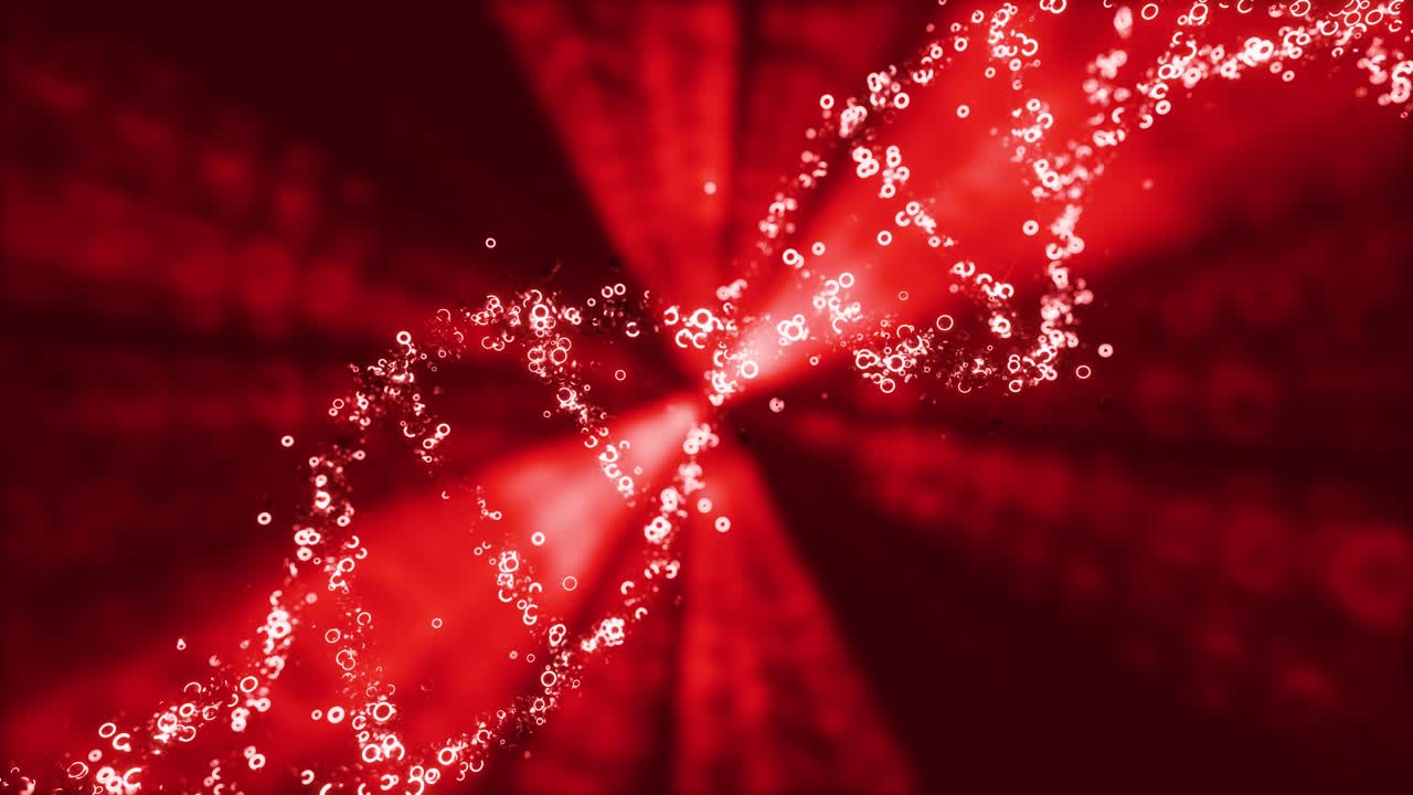 Red glowing color DNA floating from gene against dark background, 3d loop