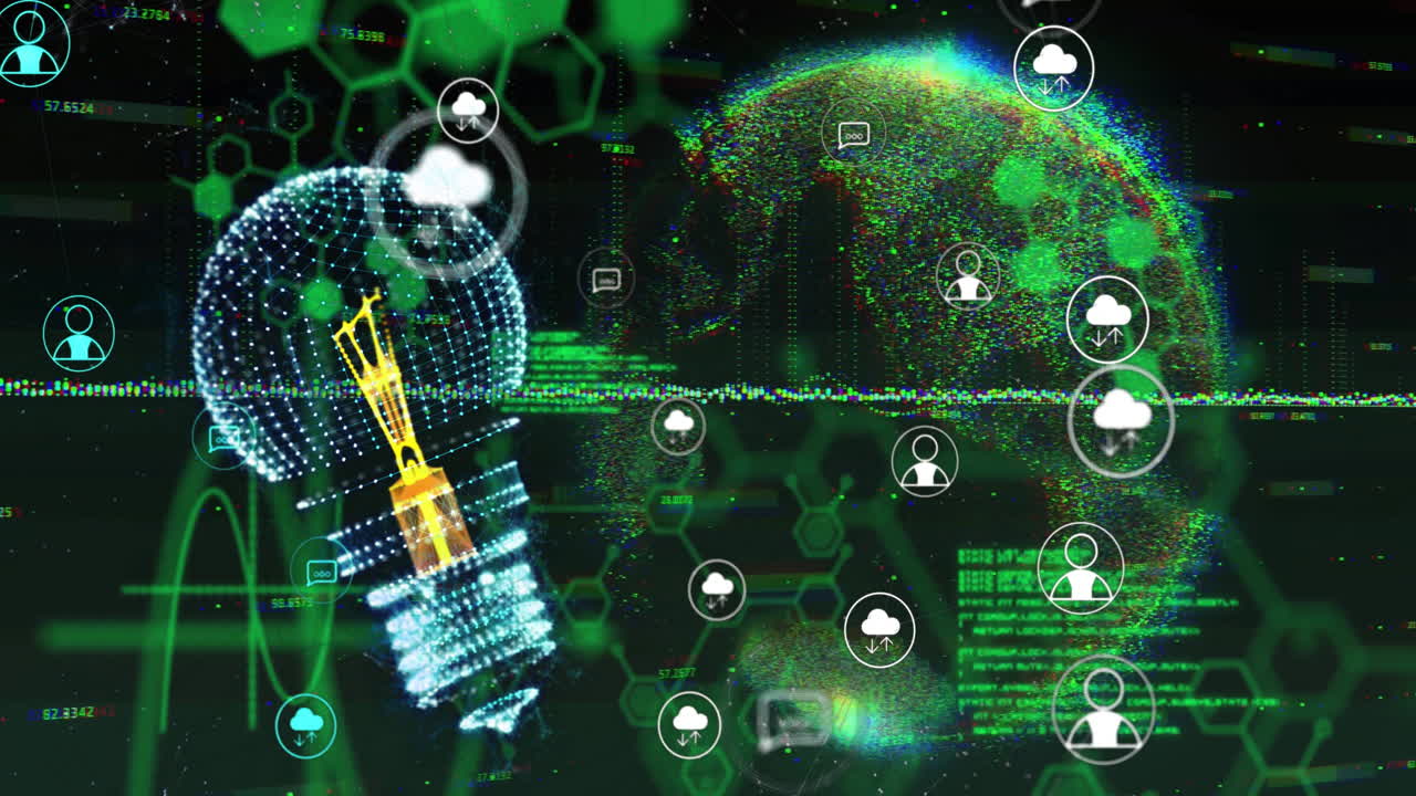 전구, 구름 아이콘 및 전 세계 데이터 처리의 애니메이션