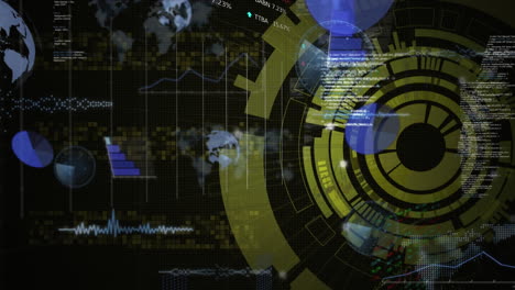 Animación-De-Datos-Financieros-Con-Gráficos,-Procesamiento-De-Globo-Sobre-Hud-En-Interfaz-Digital