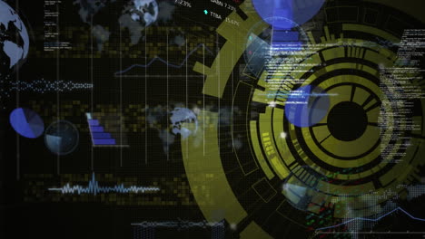 animación de datos financieros con gráficos, procesamiento de globo sobre hud en la interfaz digital