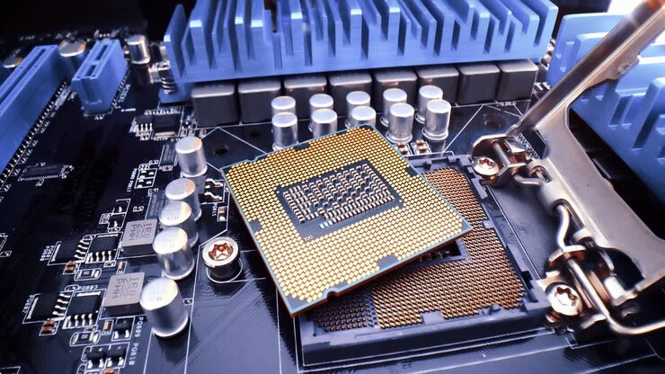 Close-up of CPU Chip Computer Central Processor. Modern computer technology concept.
