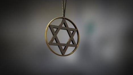 high quality close up render of a shiny gold circular star of david pendant, swinging slowly on the end of a neck chain, with super shallow depth of field abd bokeh background