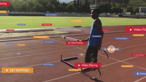 animation of notification bars over african american athlete performing stretching holding hurdle