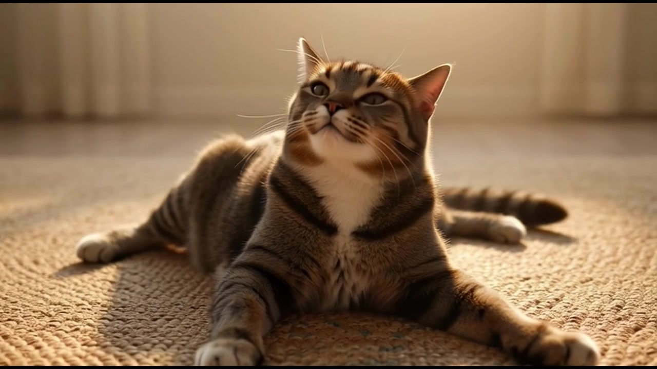 Gatto soriano che riposa sul tappeto e miagola alla luce del sole.