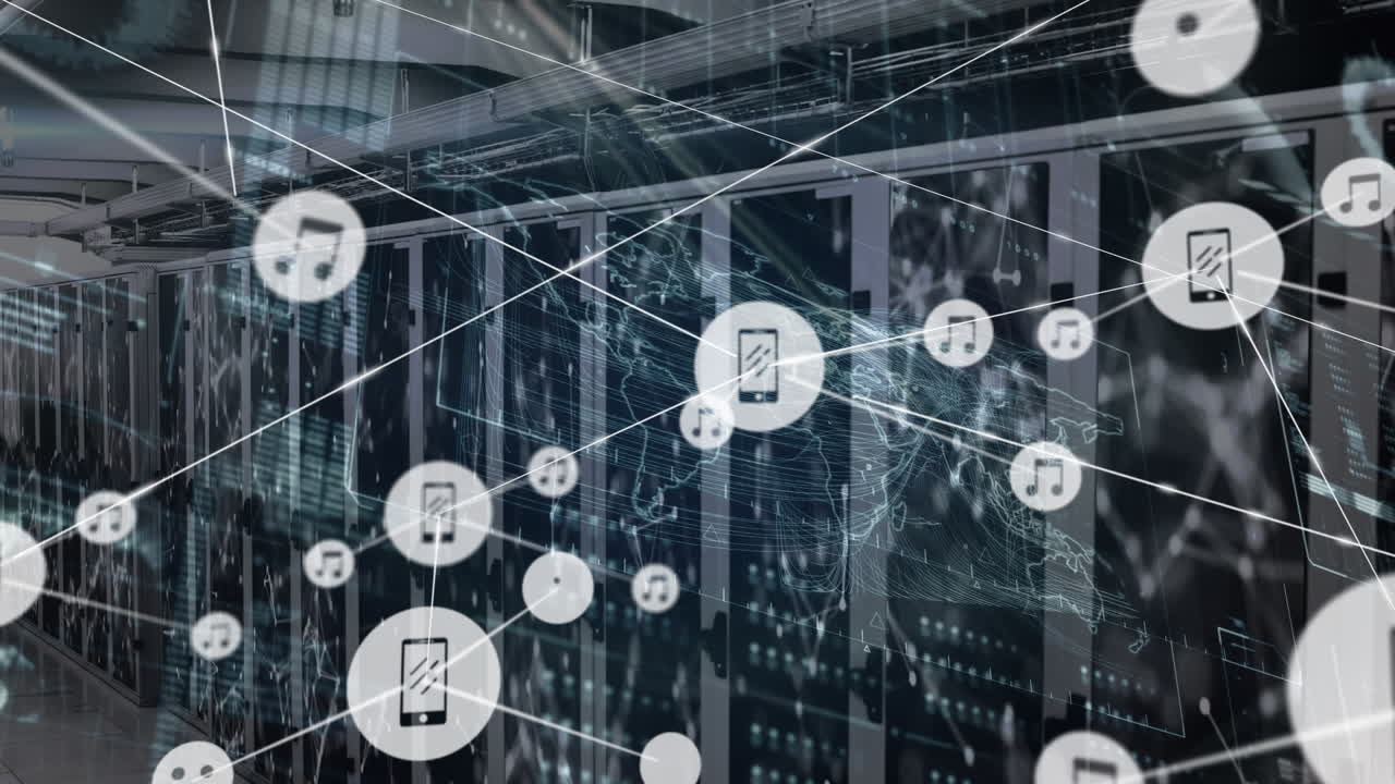 Animation of network of connections with icons and data processing over server room