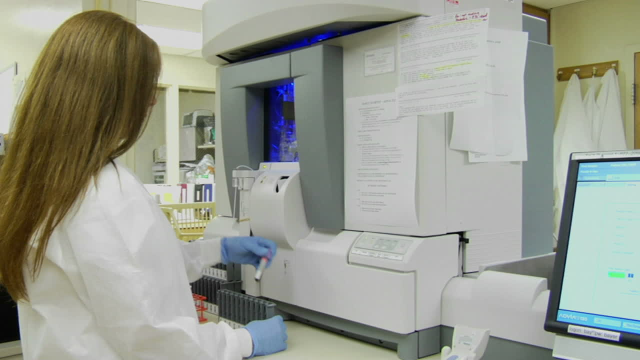 en medicinsk tekniker placerer flasker med prøver i en rack 1