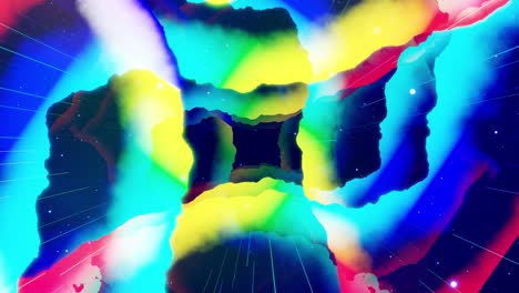 motion graphic, camera fly in art space, multilayer structure with pattern, glow particles and lines. ornamental texture rainbow gradient color. motion design vj loop. abstract colorful bg. modern art