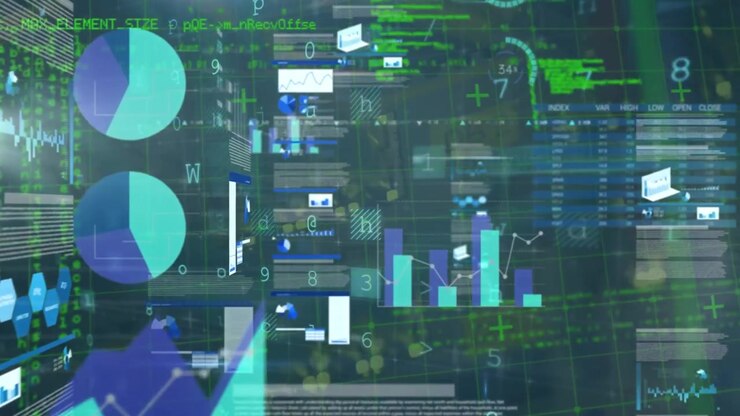 Animation of digital screen with data processing, scanning and graphs