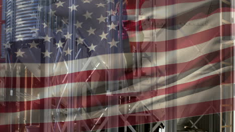 animation of american flag waving over man in the background