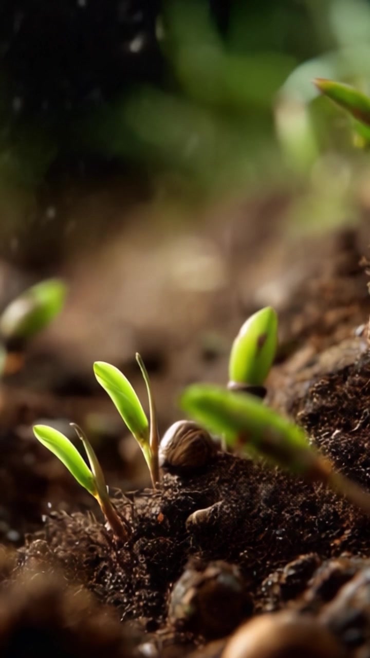 A Close-Up View of Fresh Seedlings Emerging from Rich Soil, Signifying New Life and Growth with Delicate Green Sprouts in Nature's Nurturing Environment