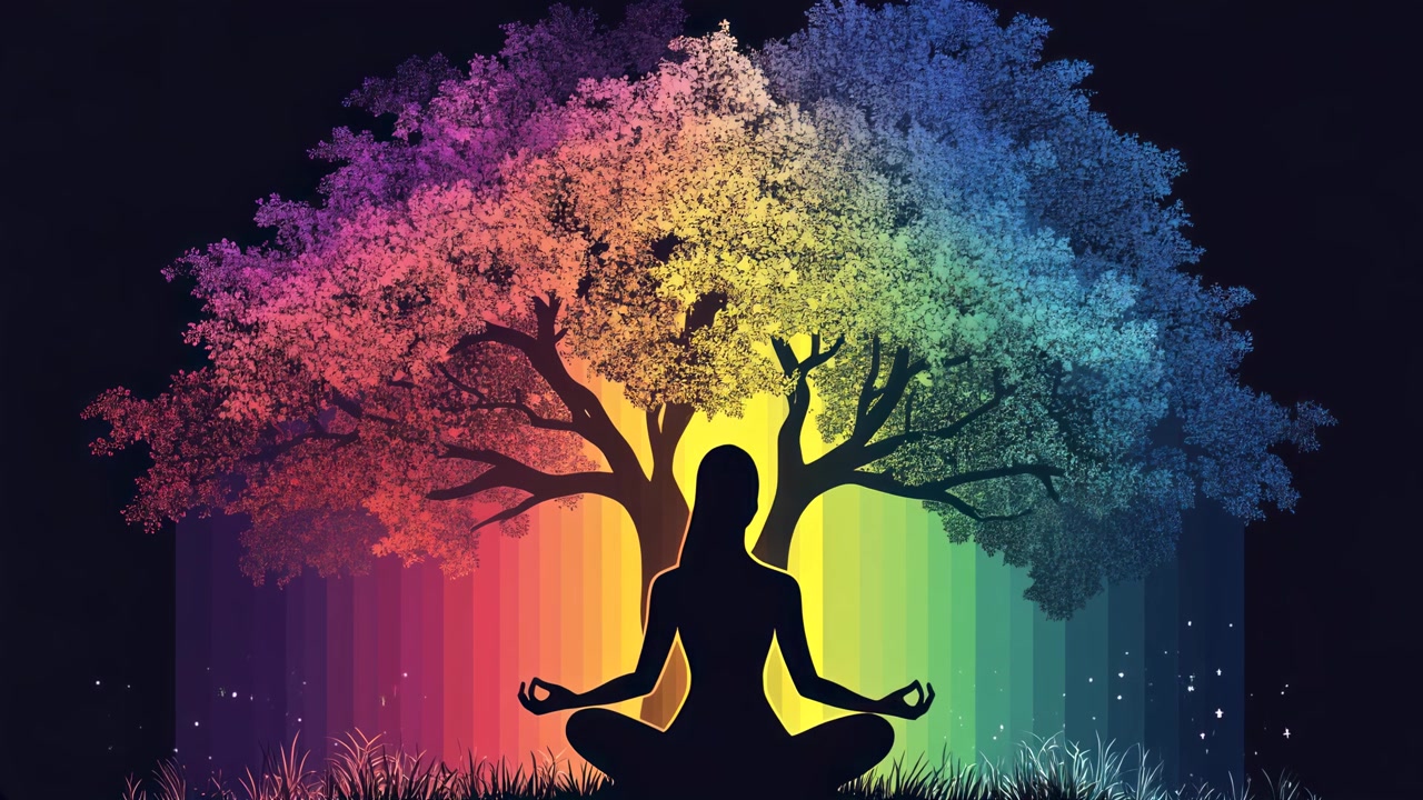 Silhouette di Persona che Medita Sotto un Albero Arcobaleno Colorato