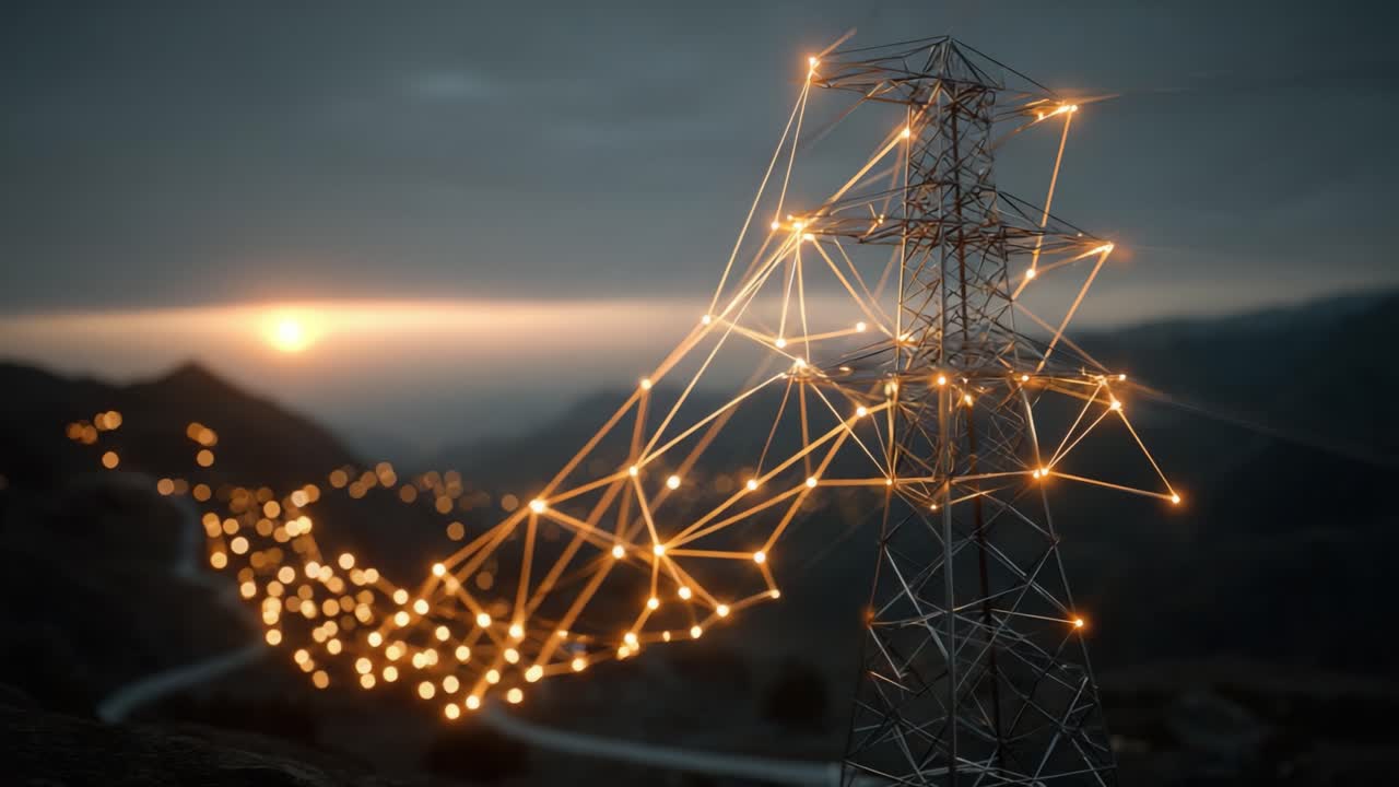 Uma Cobertura Marcante de Linhas de Energia Iluminadas Contra um Pôr do Sol Dramático Sobre Colinas Suaves, Capturando a Essência da Transmissão de Energia e Conectividade na Natureza