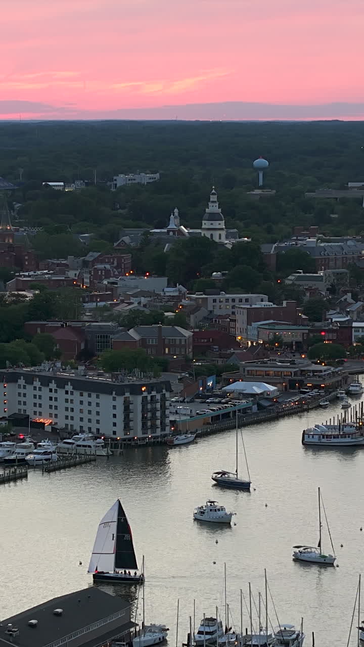 Un porto tranquillo pieno di barche si riposa sotto un tramonto rosa brillante mentre gli edifici della capitale di Annapolis, nel Maryland, e le cime degli alberi distanti svaniscono nella luce della sera - Scatto verticale