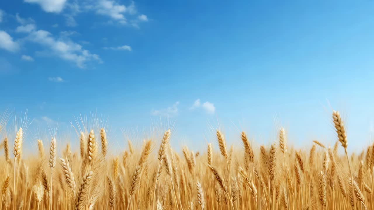 Low-angle video of golden wheat field under a clear blue sky, capturing the essence of rural