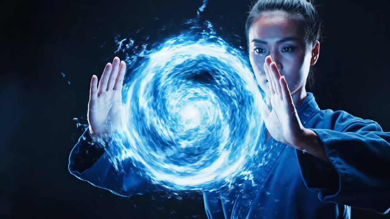 Woman performing martial arts with energy