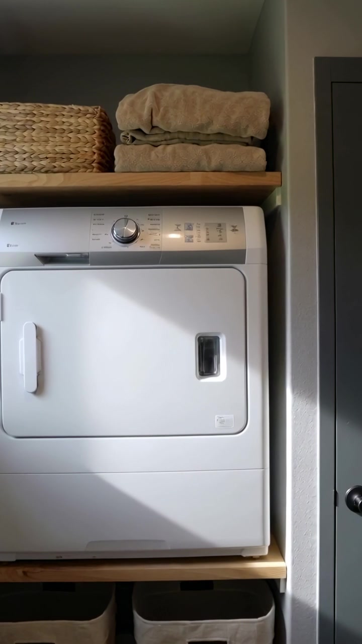 Vertical video: Moving camera zooming to frame white dryer in laundry nook, sunlight crossing door