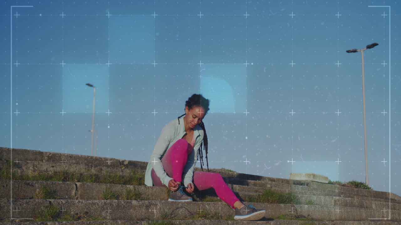 animación de estadísticas y gráficos sobre una mujer atando sus zapatos